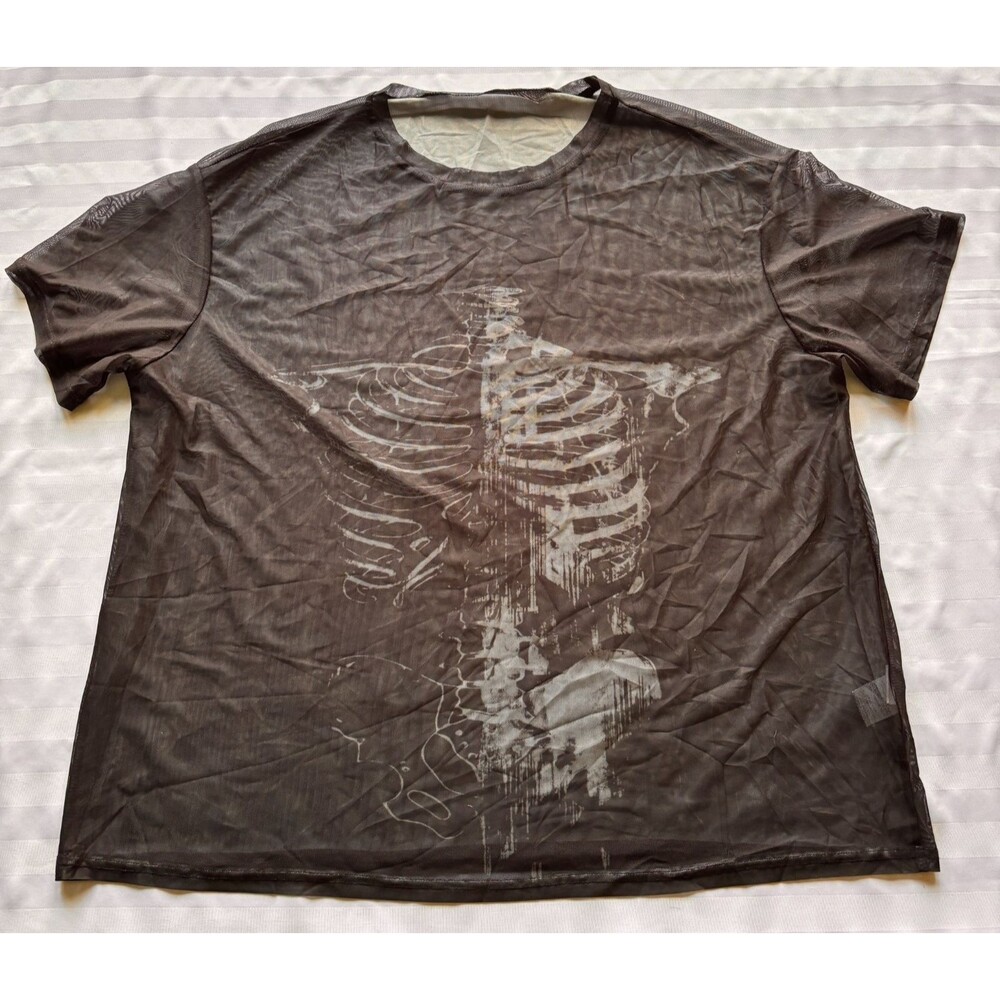 Y2K Sheer Mesh Skeleton Graphic Tee XL Oversized Grunge Goth Alt Indie Sleaze